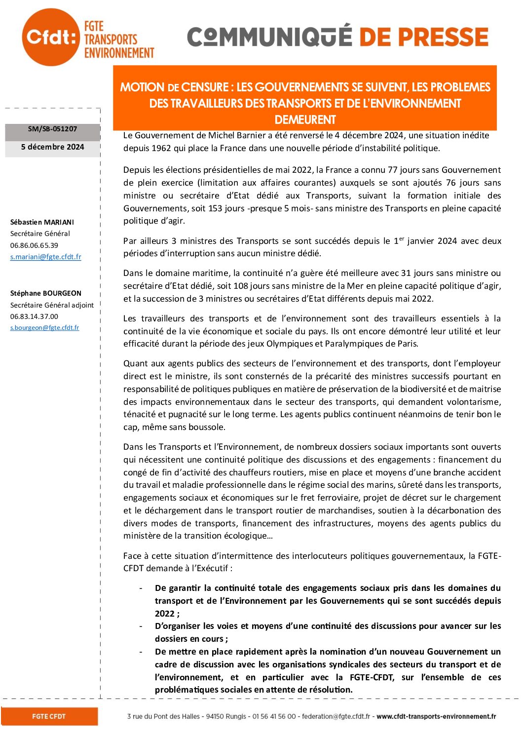 Motion de censure : Les gouvernements se suivent, les problèmes des travailleurs des transports et de l’environnement demeurent