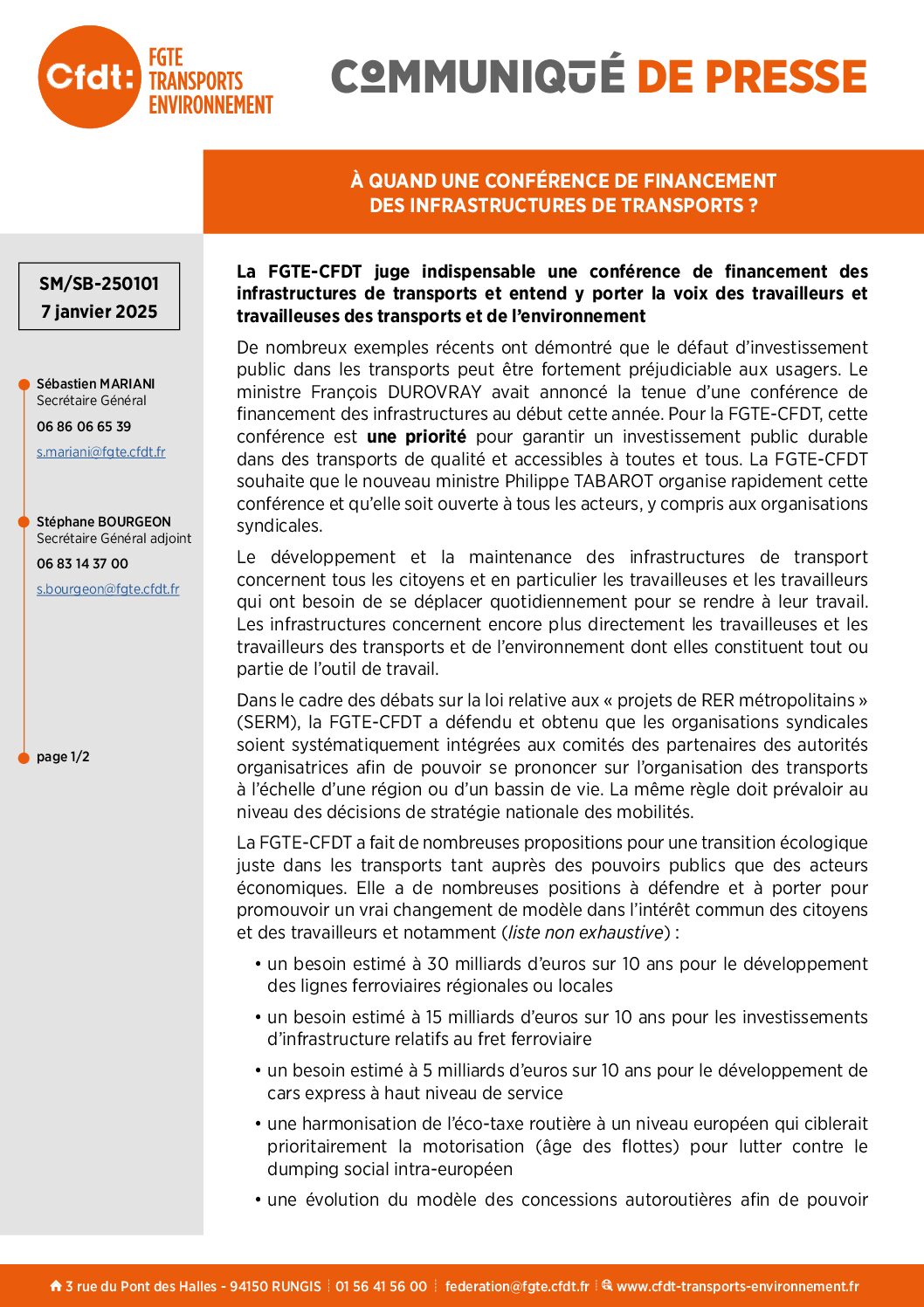 À quand une conférence de financement des infrastructures de transports ?